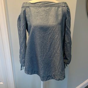 Free People Tunic dress. Denim. Puff sleeves. Two ties on sleeves.